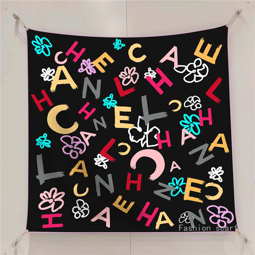 French Style New Black and White Letter Color Matching Women's Shawl Large Square Scarf Twill Silk Headscarf Scarf Wholesale