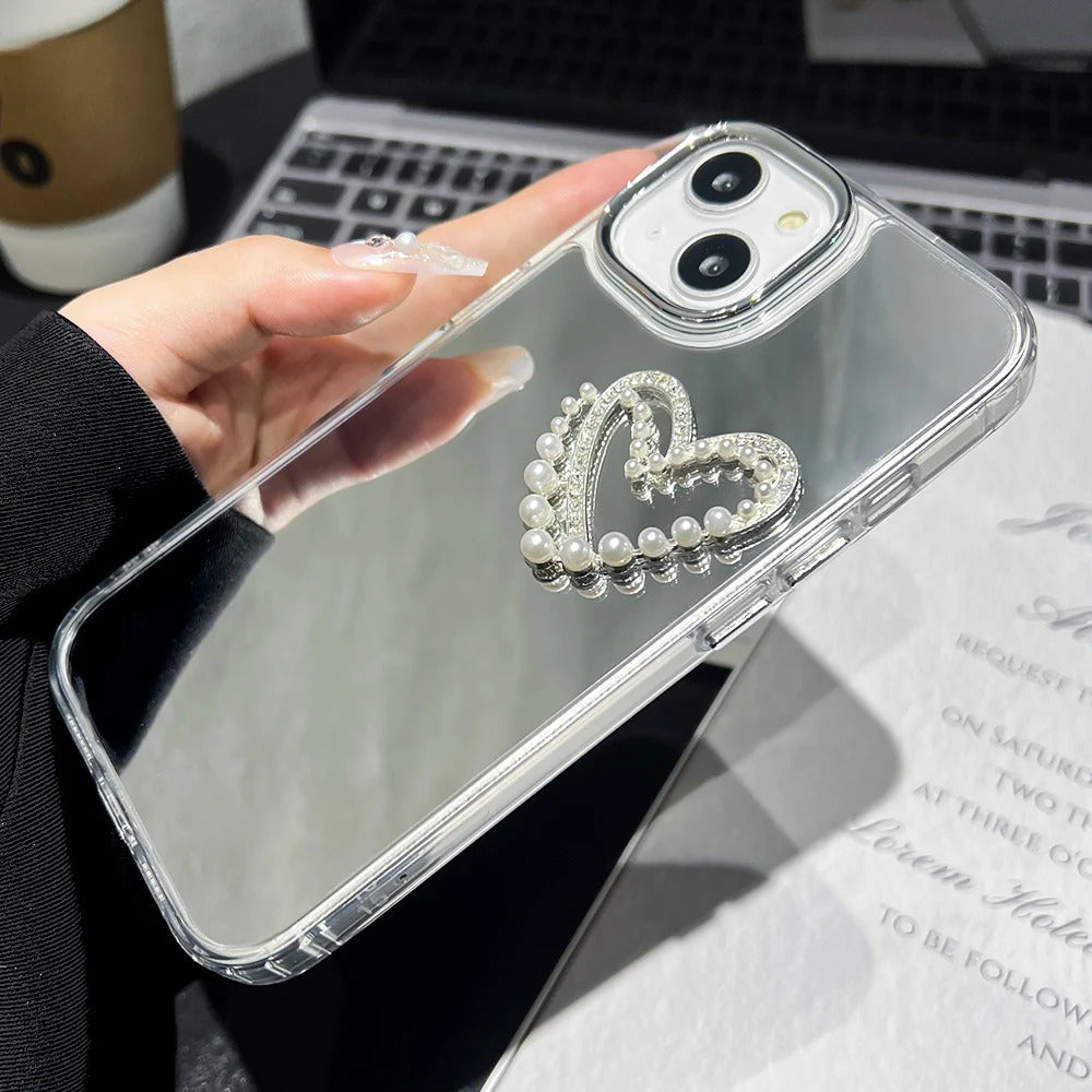 Love Heart Lanyard Mirror Phone Case For iPhone 13 11 16 15 Pro Max 12 14 Plus XR X XS Case Wrist Chain Makeup Mirror Soft Cover