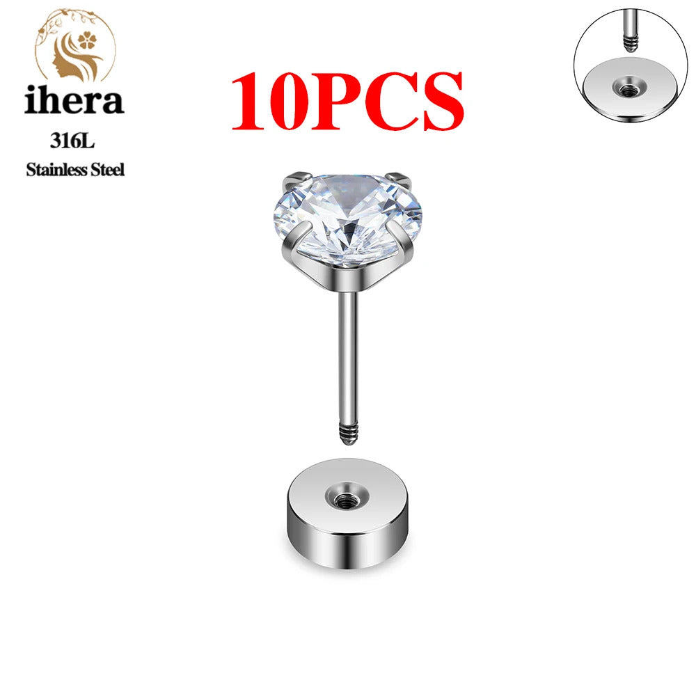 2/10PCS Stainless Steel 4 Prong Ear Studs Earrings Round Crystal Zircon Women Men Tragus Cartilage Piercing Fashion Jewelry