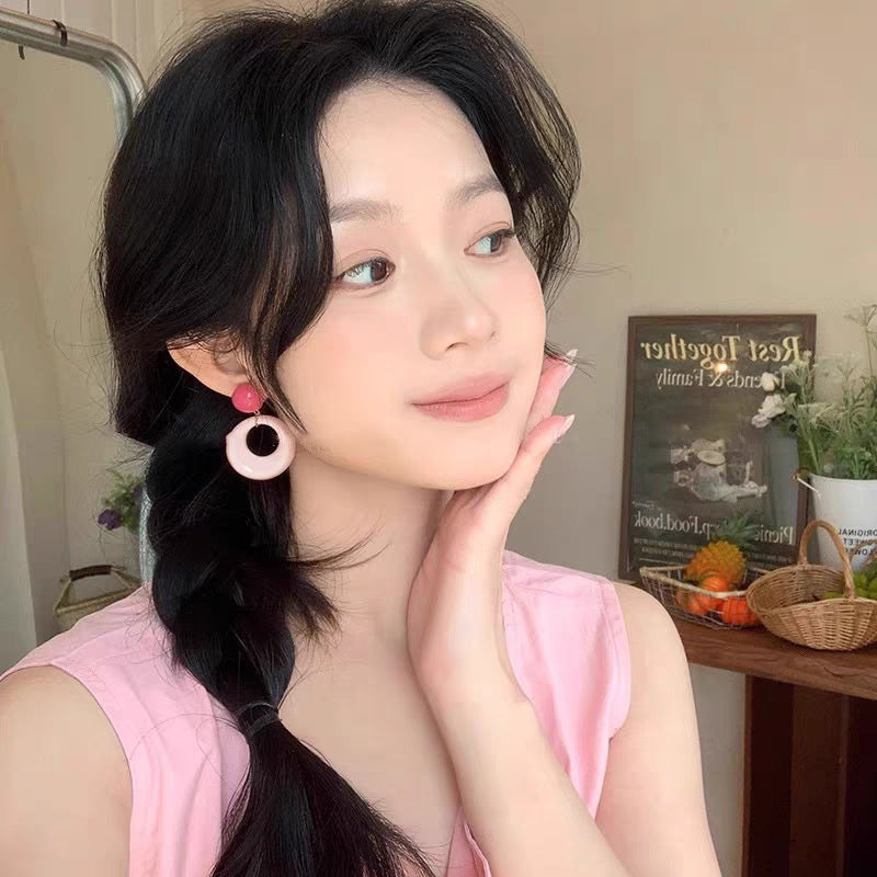 Summer Color-Block Hoop Earrings for Women Without Pierced Ears, Clip-On Round Hoop Studs, 2025 Spring/Summer New Dopamine Exaggerated Accessories