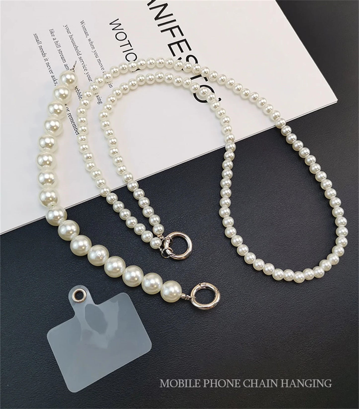 Universal Glitter Phone Lanyard Long Crossbody Necklace Chain Pearl Straps Keychain Anti-lost Sling with Patch for Phone Case