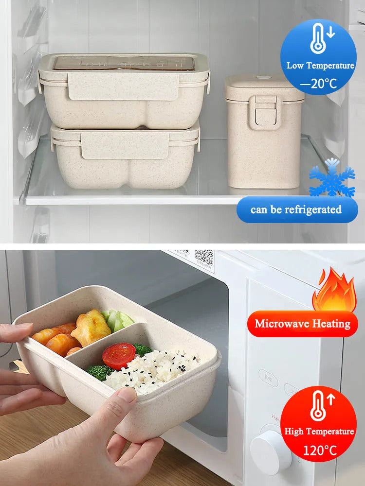 1100ML Lunch Box For Kids School Adults Office Wheat Straw Microwave Picnic Storage Portable Big Bento Box With Spoon Chopsticks