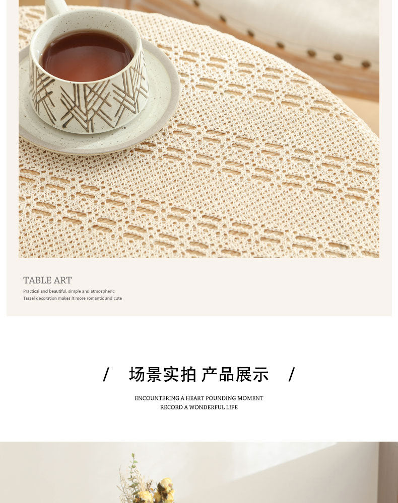American Pastoral Cotton Woven Tablecloth Lace Hollow Crochet Tassel Dining Tablecloth French Cover Cloth Vintage Ins Tablecloth