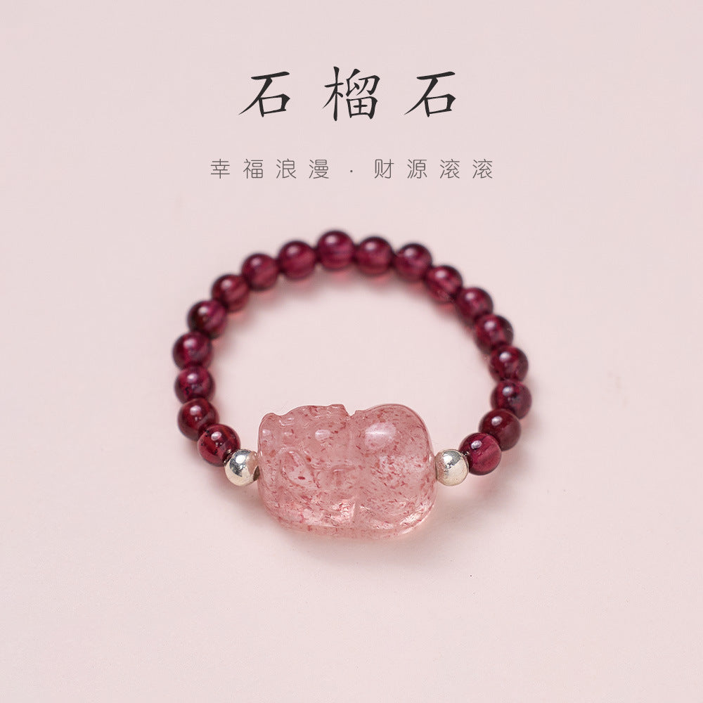 Natural Tourmaline Pixiu Ring Freshwater Pearl Garnet Crystal Stretch Good Luck Peach Blossom Rings