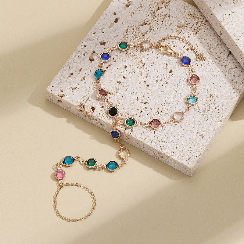 Exquisite Vintage Emerald Blue Crystal Boho Wrist Bracelet for Women Finger Ring Chain Charms Lady Trendy Aesthetic Jewelry Set