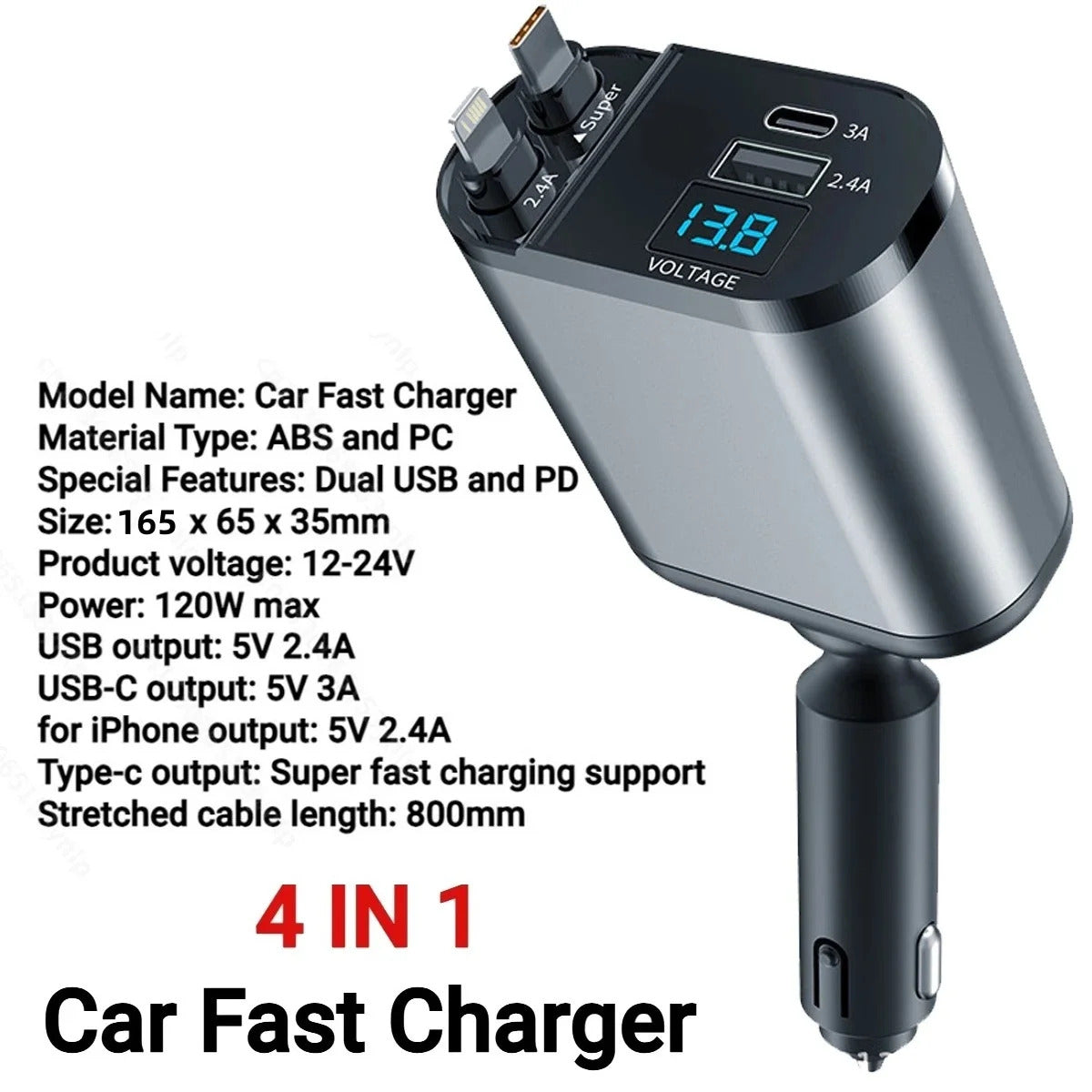 120W Car Charger 4 in 1 Retractable Fast Charging Car Phone Charger Cigarette Lighter Adapter USB C Cable for iPhone Xiaomi Poco
