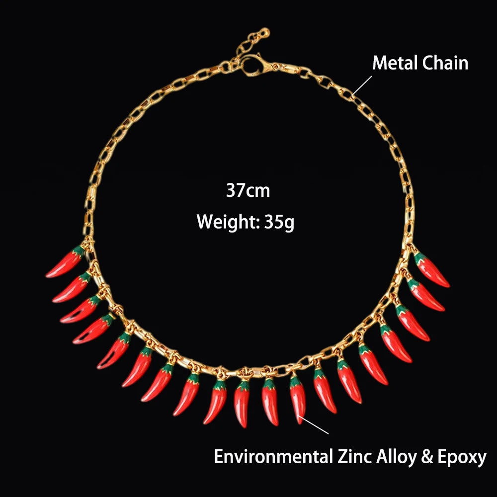 Fashion Trends Red Chilli Tassels Pendant Necklace Vegetable Adjustable Jewelry Banquet Party for Women Gifts