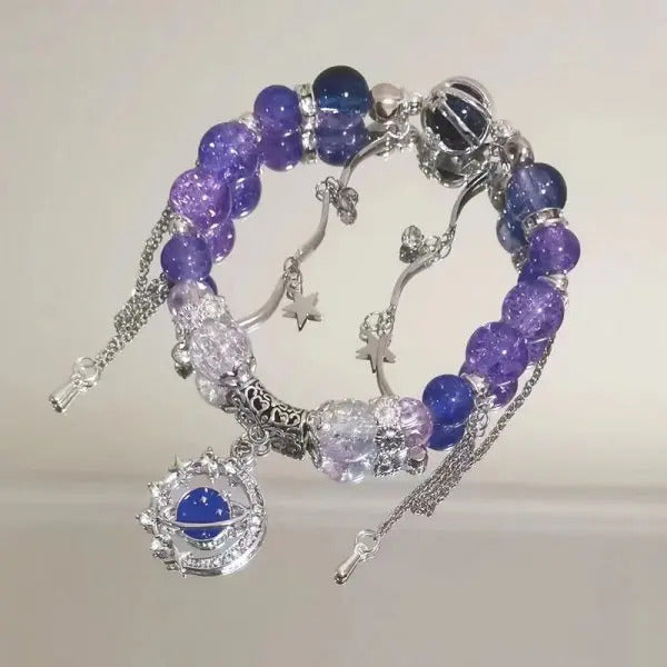 Light Luxury Purple Glass Crystal Beaded Bracelets for Women Chic Butterfly Tassel Pendant Bracelets Sweet Girl Wrist Jewelry