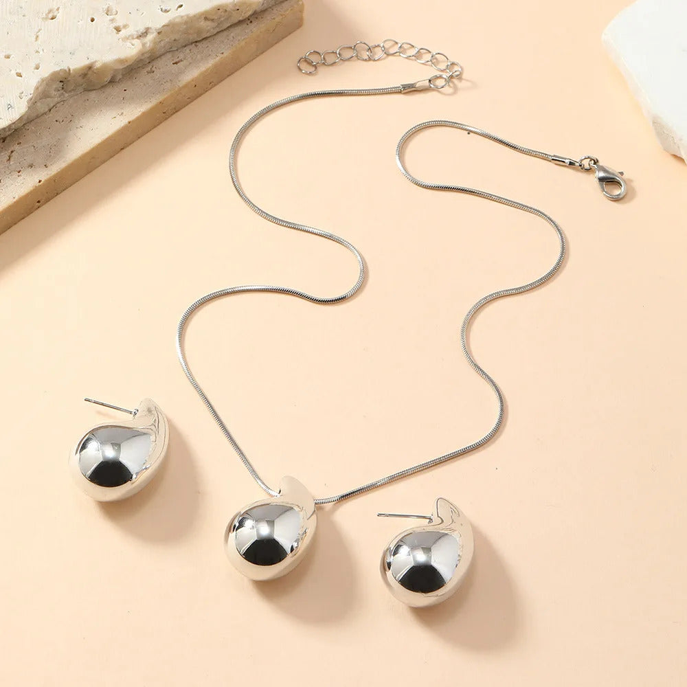 3PC Women's Fashion Simple Luxury Three Dimensional Water Drop Necklace Earrings Jewelry Set Wedding Banquet Party Holiday Gift