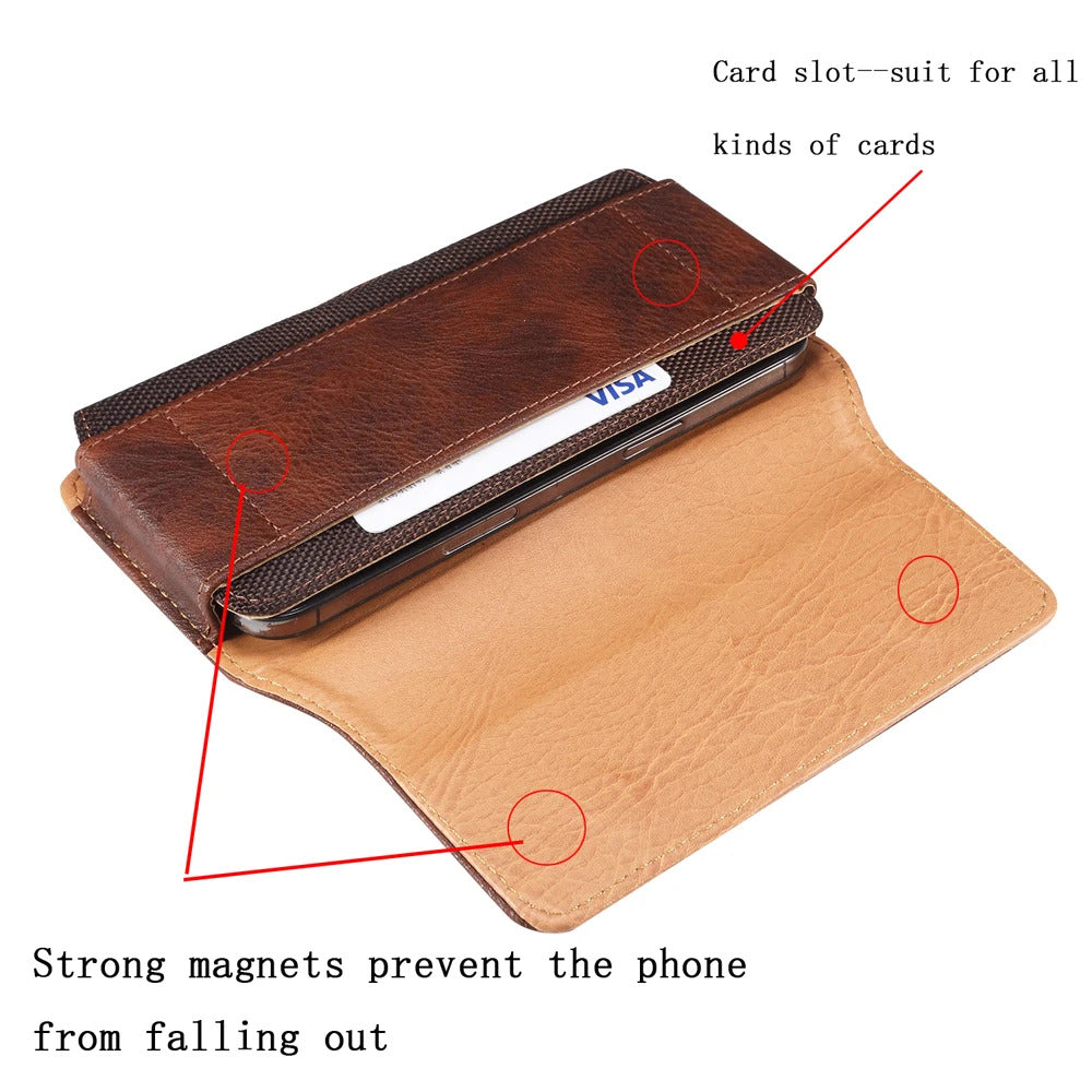 Universal Leather Mobile Phone Waist Bag For iPhone 15 14 13 12 Pro Max Samsung Huawei Xiaomi Men Belt Clip Cover With Card Slot
