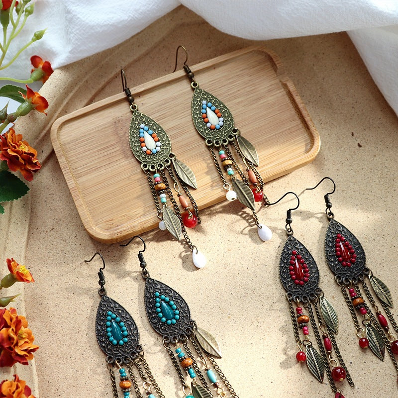 Retro Bohemian Long Tassel Earrings Women's Ethnic Style Water Drop Earrings All-match Elegant Holiday Earrings