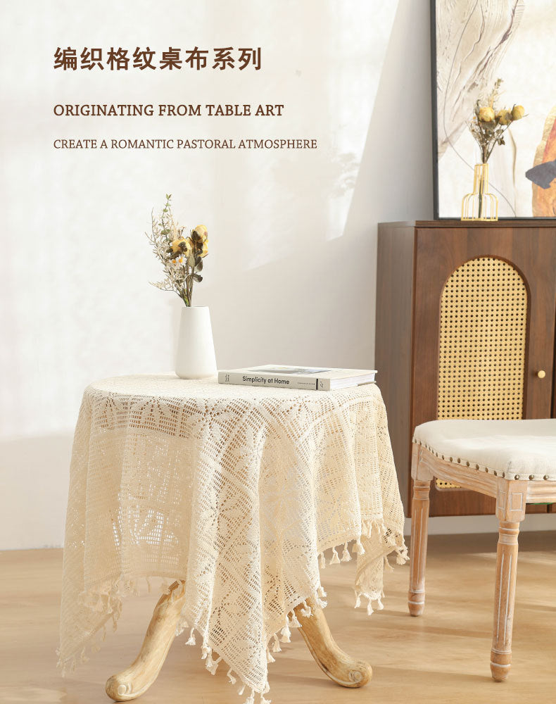 American Pastoral Cotton Woven Tablecloth Lace Hollow Crochet Tassel Dining Tablecloth French Cover Cloth Vintage Ins Tablecloth