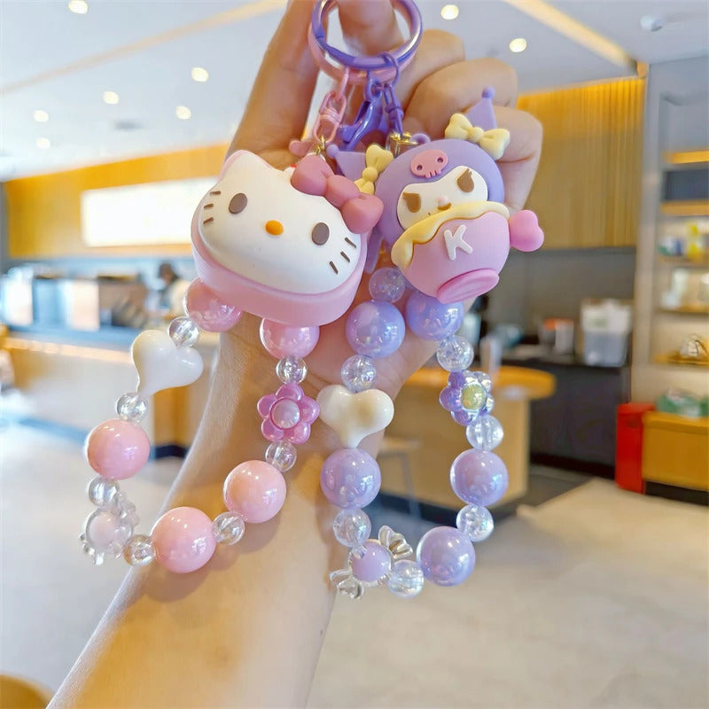 Sanrio Beaded Keychain Hello Kitty Cinnamoroll Kuromi Cute Cartoon Doll Pendant Phone Chain Keychains Bag Pendant Accessories