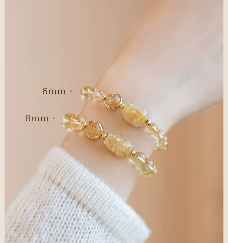 Natural Citrine Bracelet Women's Bracelet Rutile Gold Rutilated Quartz Bracelet Brazil Scattered Beads Money Drawing and Luck Changing Gifts for Girlfriend