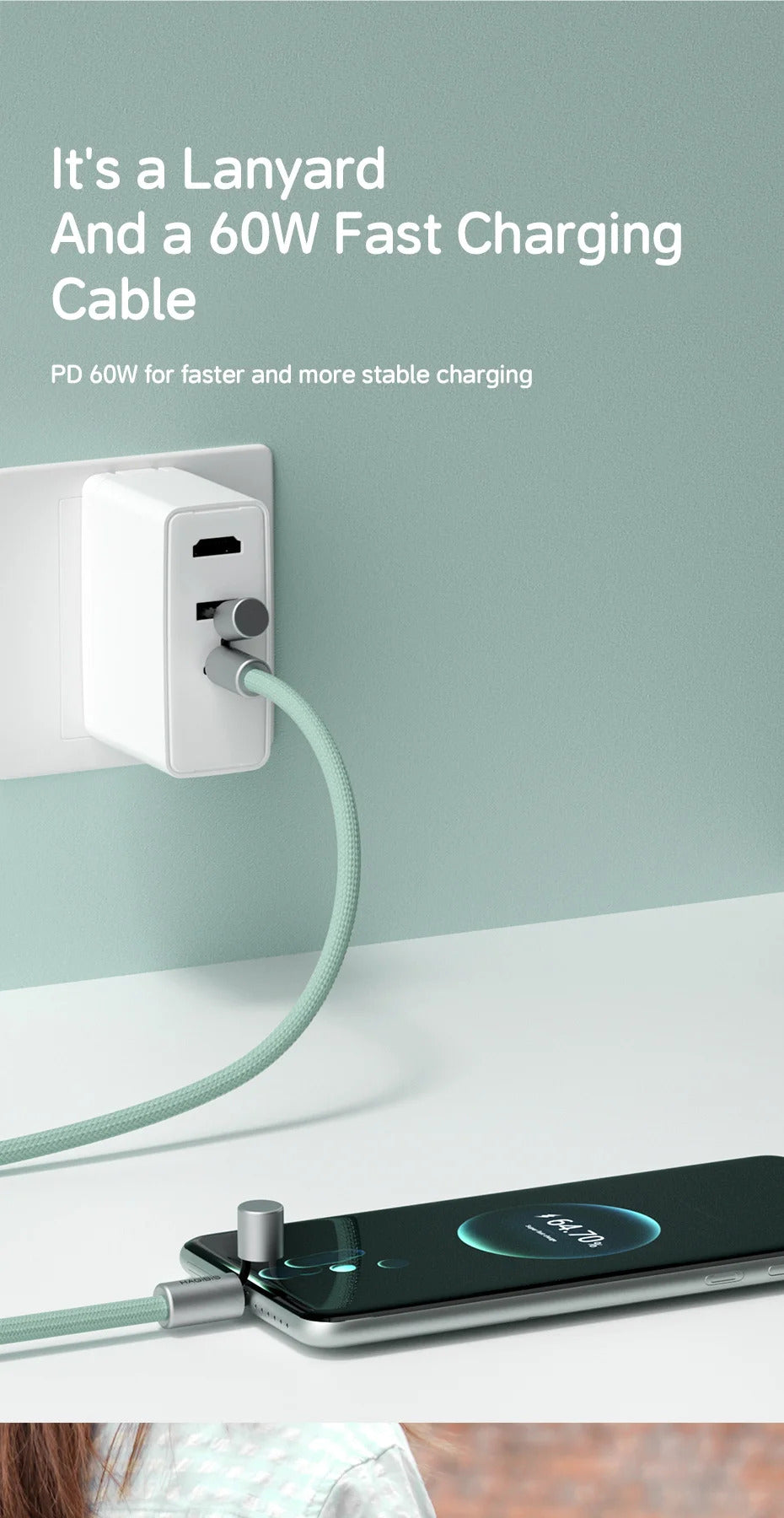 Hagibis Universal Phone Lanyard USB C Cable 2 in 1 Phone Strap C to C/C to L Charging Cord for iPhone 15 14 Pro Max Most Phones