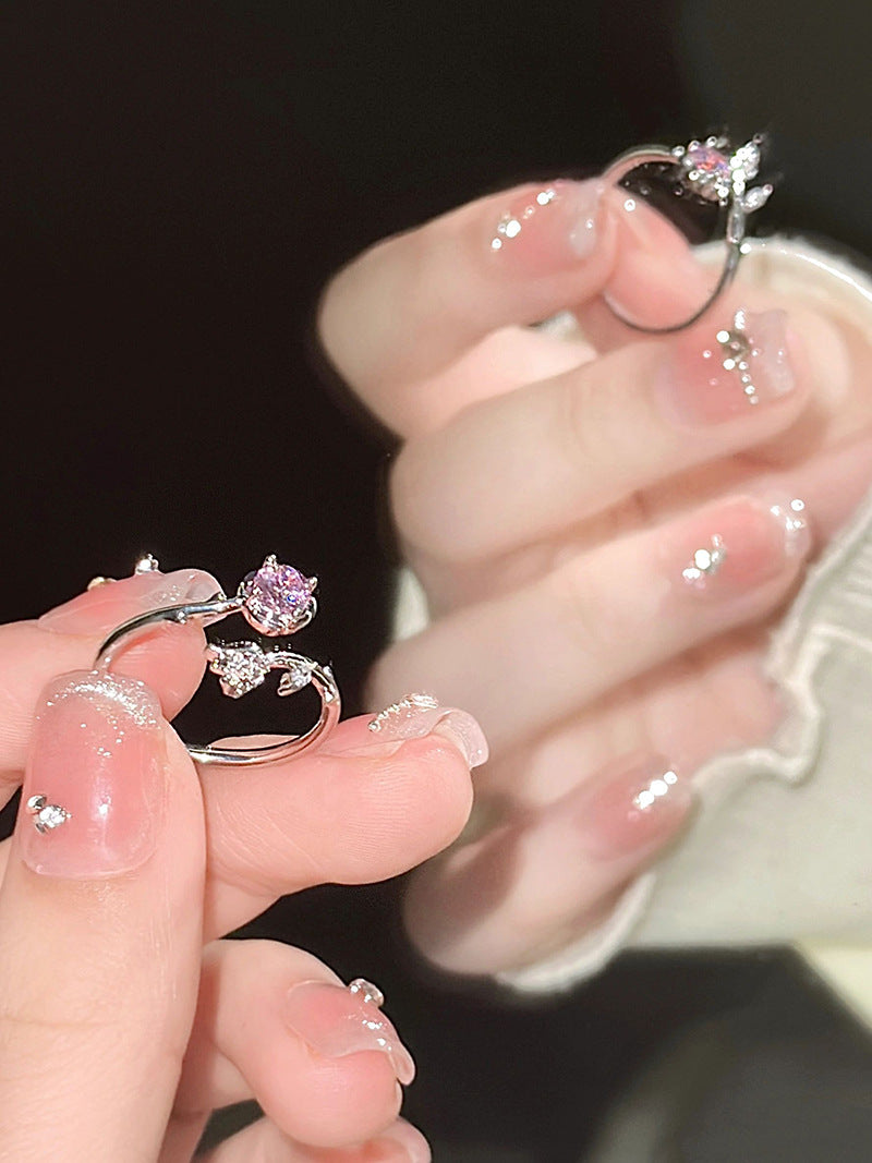 Pink Zirconium Rose Ring Female Mori Style Light Luxury Super Fairy Girl Flowers Openings Adjustable Ring
