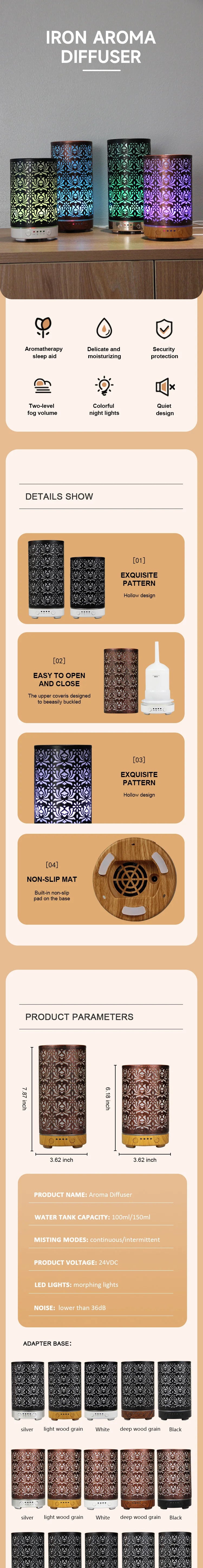 Aroma Diffuser Scent Ultrasonic Air Humidifier Iron Art Hollow Lotus Flower Pattern 2023 New Home Decorations with LED Lights