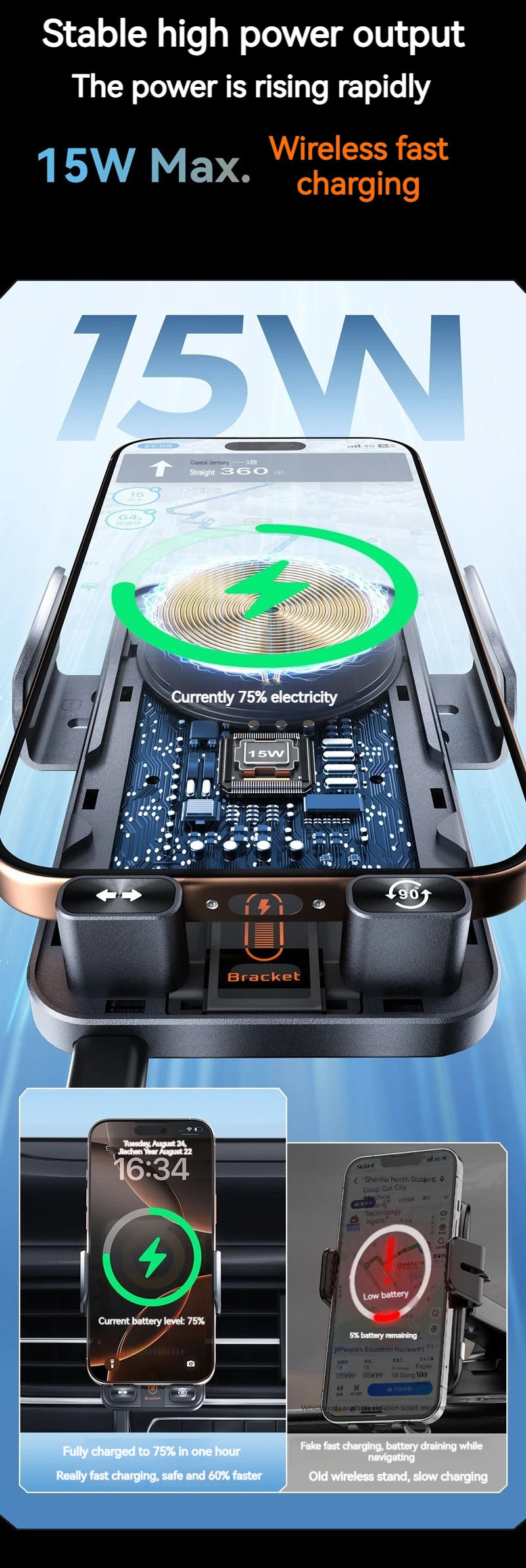 2025 New F18 Car Wireless Charger Holder Auto-Sensing Electric Telescopic 90° Rotation Ambient Light Universal for Cars/Phones