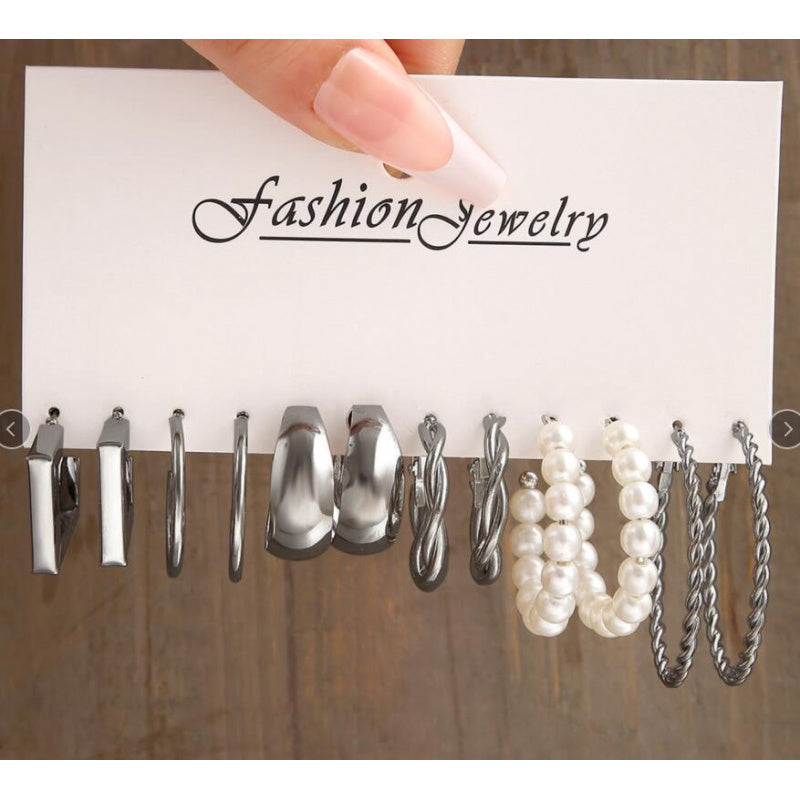 Metal Earrings Square Geometric Earrings Vintage Imitation Pearl Earrings Hepburn Earrings suit 6-piece Set