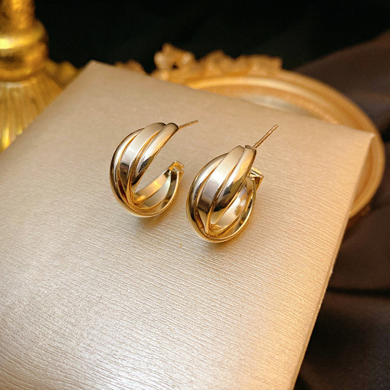 925 Silver Needle Hong Kong Style Retro Metal Earrings Women's High-Grade Geometric Simple Bracelet Ear Clip All-Match Exaggerated Commuter Earrings