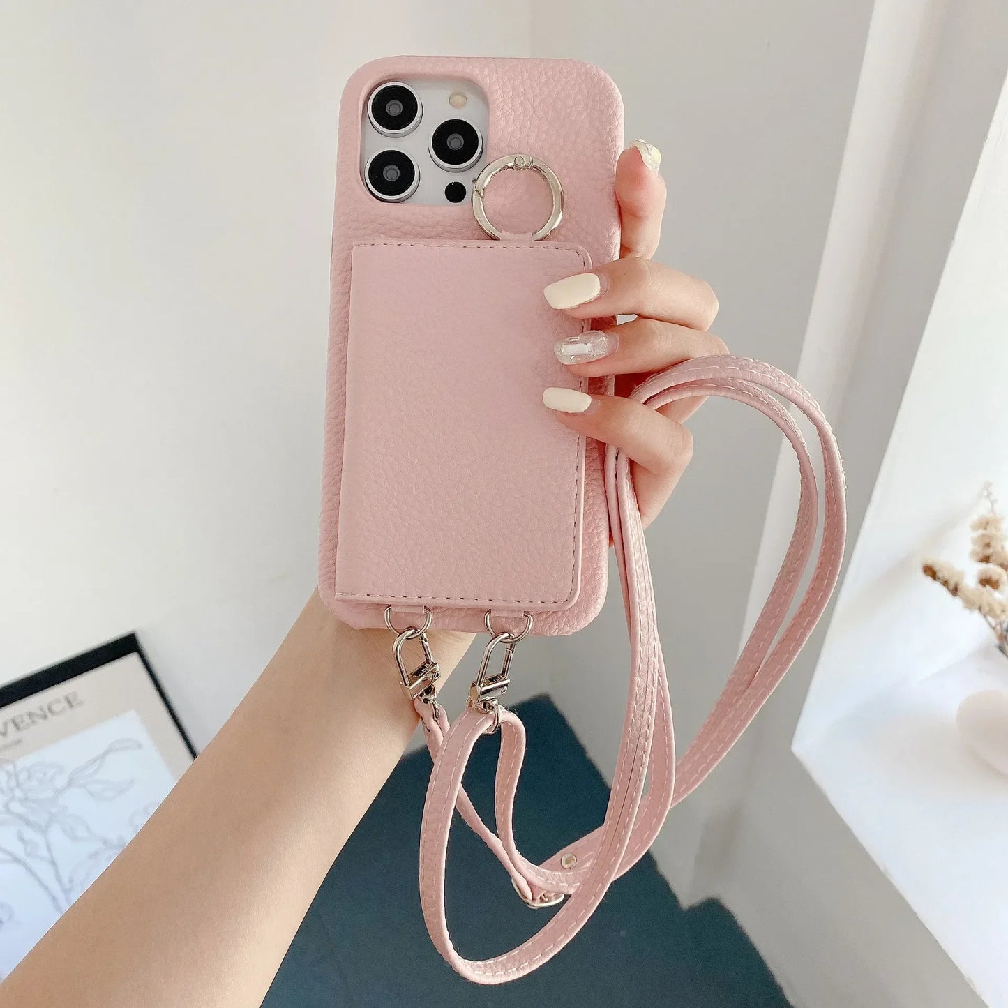 Ring Holder Mirror Card Slot Case For iPhone 13 12 Mini 16E 16 15 14 11 Pro XS Max 8 Plus Crossbody Wallet Lanyard Leather Cover