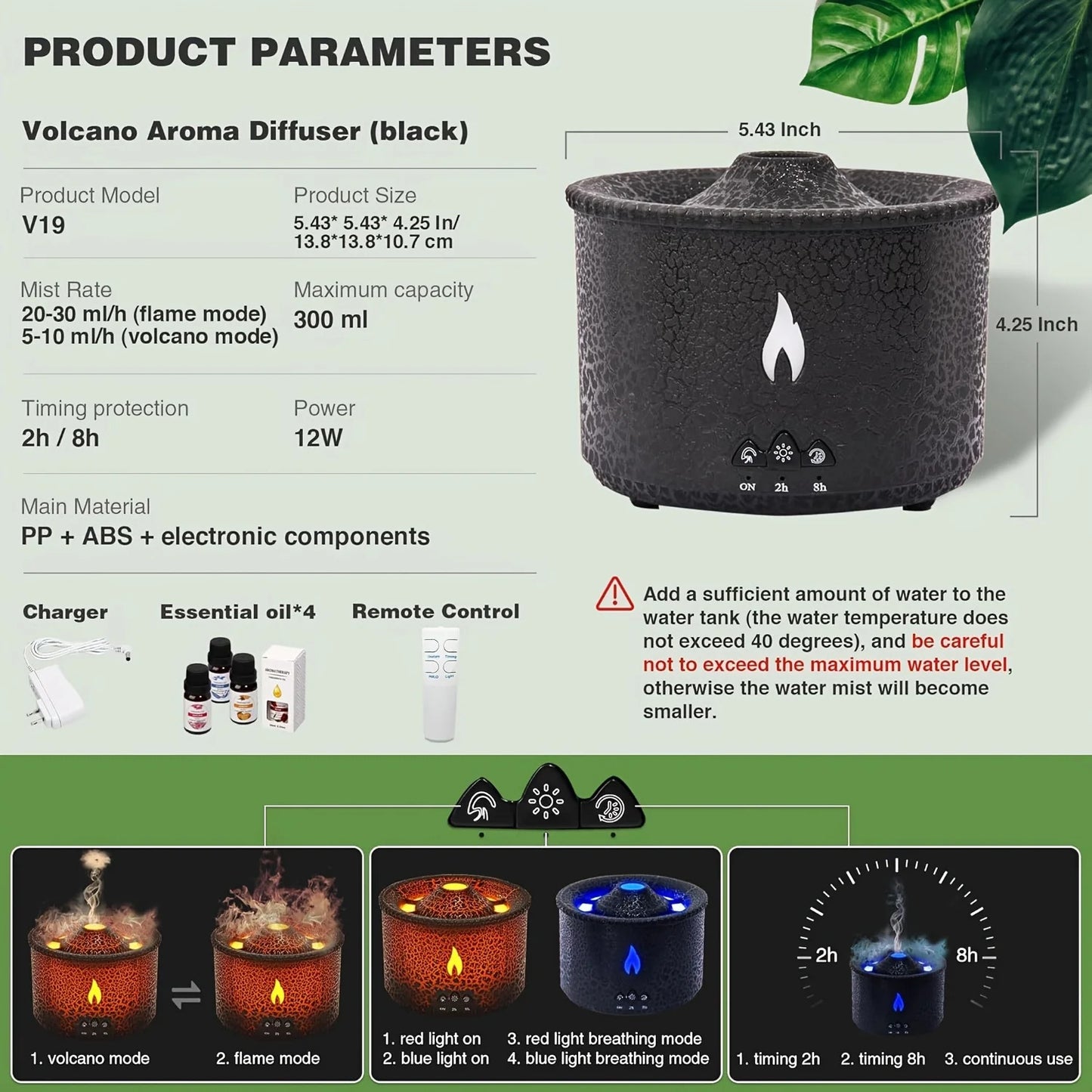 Volcanic Flame Aroma Diffuser With LED Night Light Portable Essential Oil Humidifier  Auto Shut-Off  2 Color Modes For Home