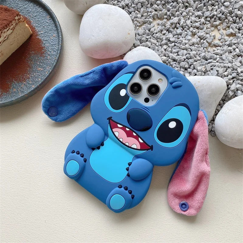 Bandai 3D Silicone Cartoon Phone Case Stitch For iPhone 14 13 12 11 15 16Pro Max Fluffy Fur Plush Ear Stitch Cover Men Kids Gift
