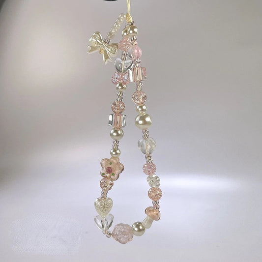 Y2K Glass Flower Bead Phone Strap Charm Chain Knot Cellphone Lanyard Keychain Woman Girl Bag Camera Pendant for Airpods Case