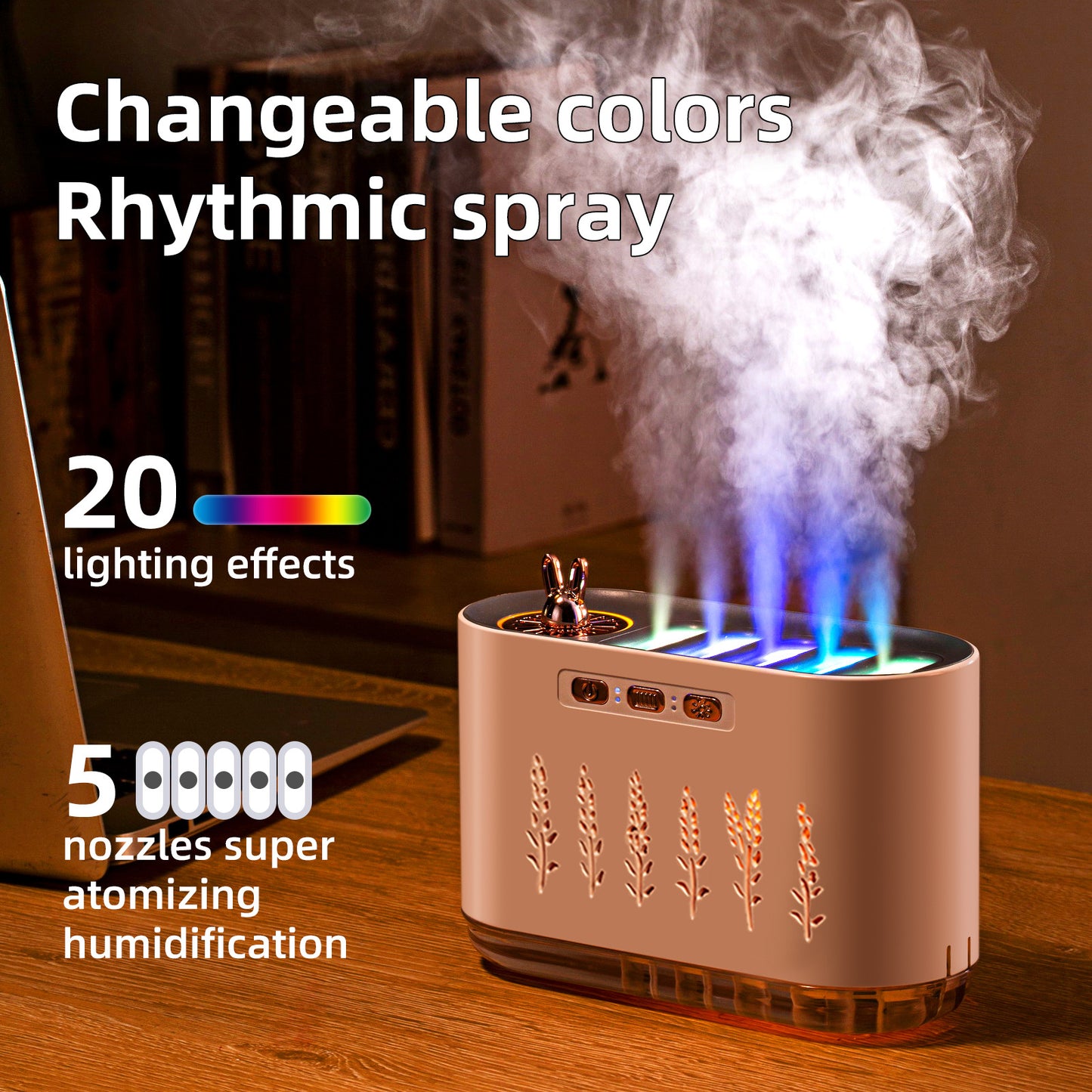 Air Humidifier for Home, Silent Bedroom Five-Hole Spray Aromatherapy, Creative Dynamic Colorful Sound-Controlled