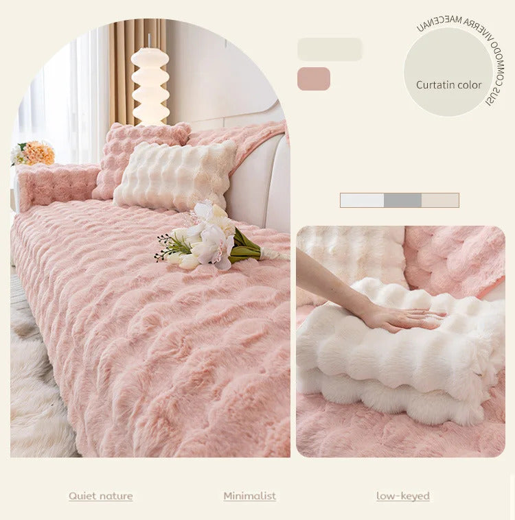 Rabbit Plush Sofa Cover Winter Thickening Warm Plush Cushions Non-Slip Living Room Leather Sofa Backrest Armrests Super Soft