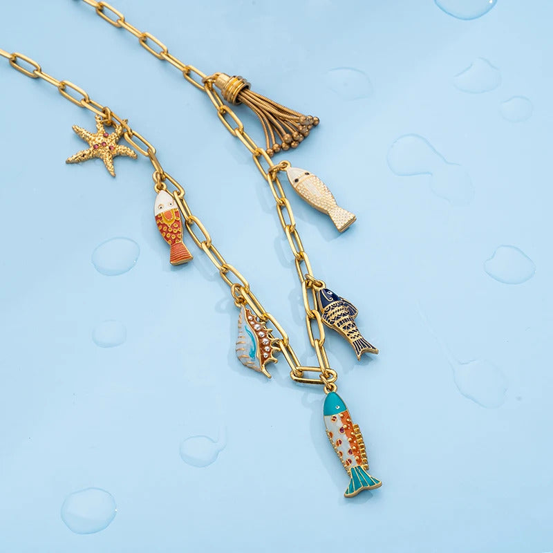 Cute Sea whale Necklace Pendant Chain Fish Fashion Jewelry Chic Mermaid Tassel Conch Dangle Choker Ocean Beauty Accessory