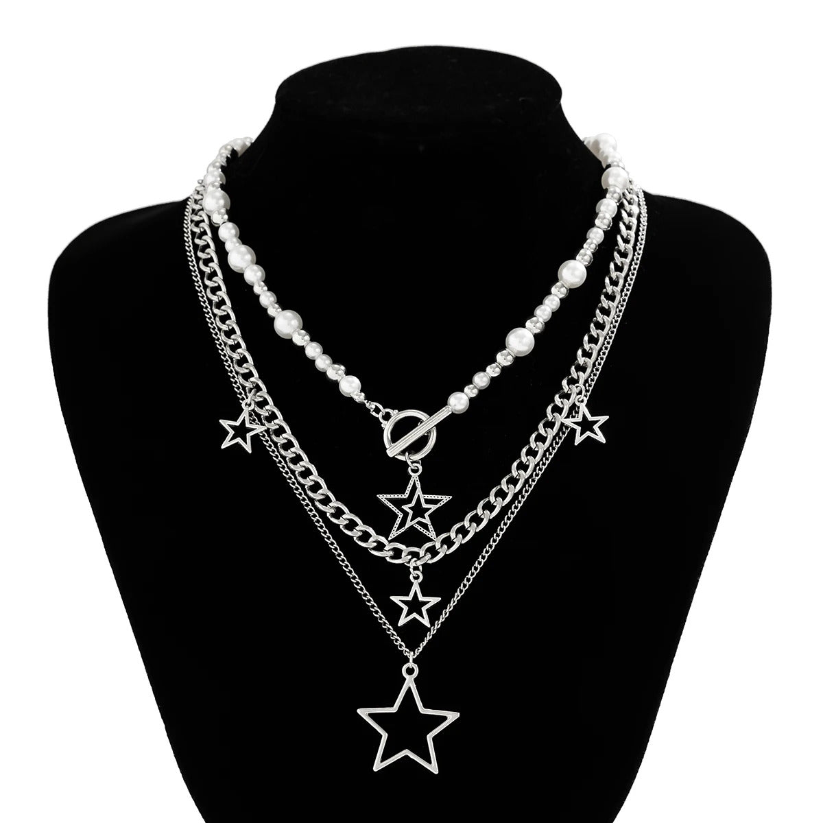 KunJoe Punk Silver Color Star Pendant Necklace for Women Men Imitation Pearl Multilayer Charm Choker Jewelry Collar Party Y2K