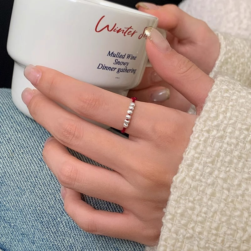 Zodiac Year Red String Fortune Bead Ring for Women, Fresh Style Pull-out Index Finger Ring, Niche Versatile Hand Jewelry New Arrival