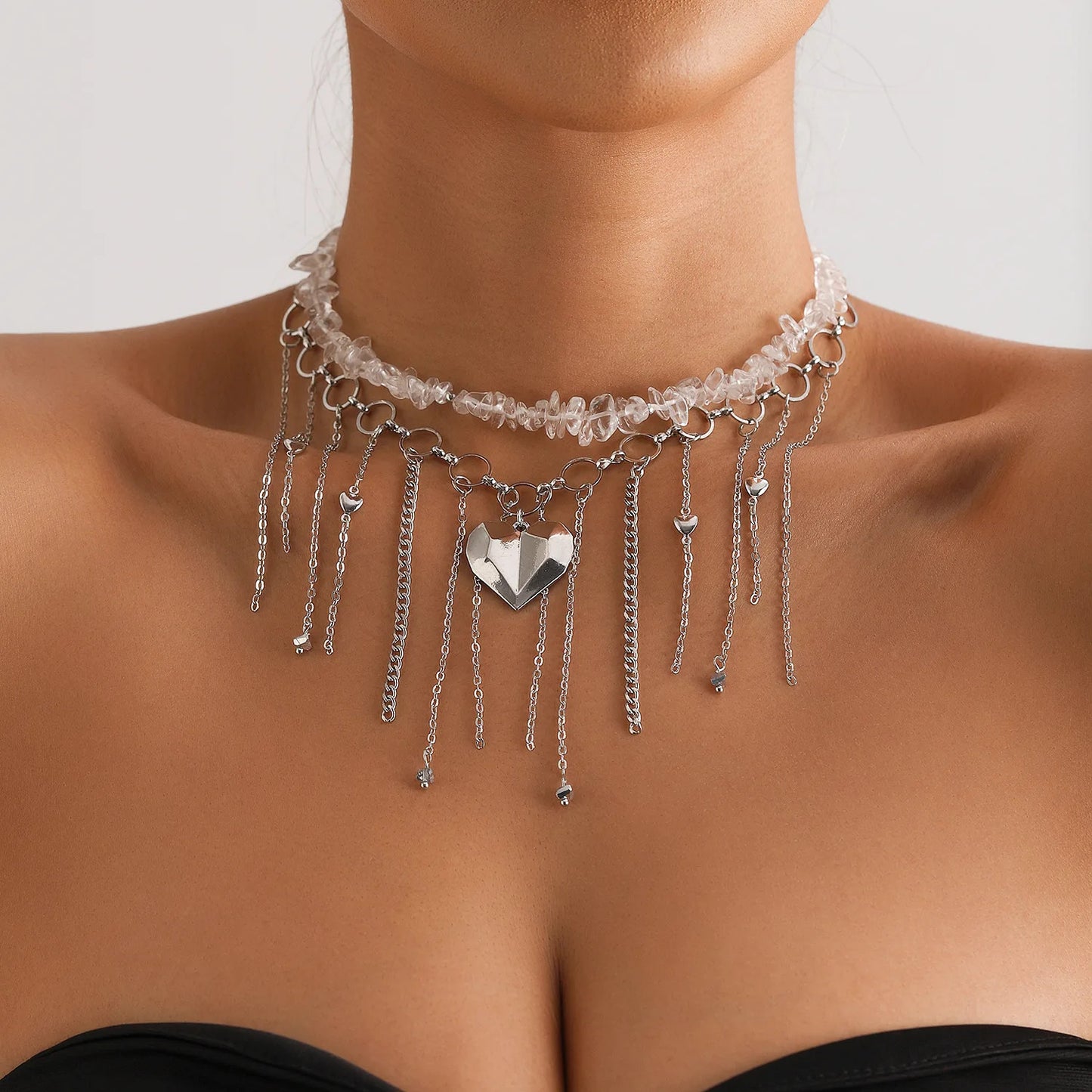 LATS Fashion Vintage Heart Pendant Necklace for Women Female Boho Irregular Beaded Cross Crystal Chain Jewelry