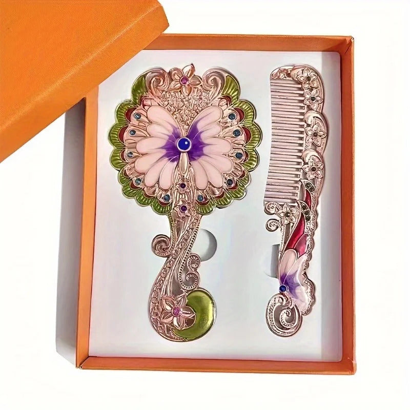 Europe Large Peacock Pattern Metal Carry Folding Makeup Mirror With Comb Hand Hold Cosmetic Mirror With Handle For Gifts