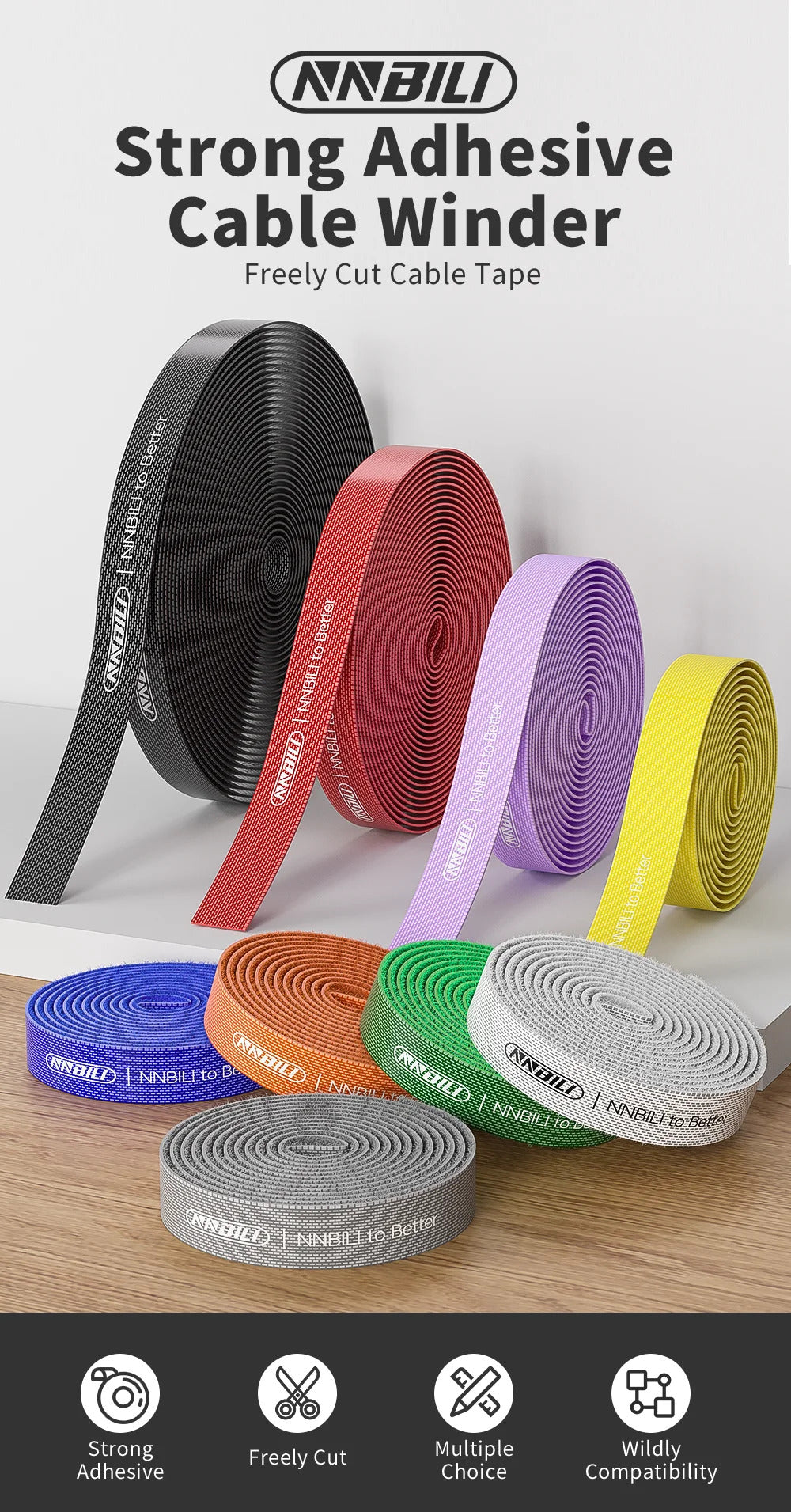 NNBILI Data Cable Management Strap Reusable Detachable Can Be Cut Freely Multifunctional Velcro Strap Fixed Storage Accessories