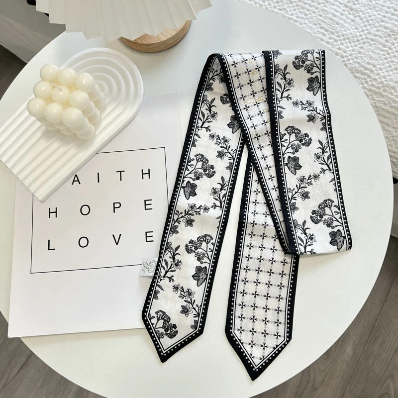 High-Grade Flower Print Long Silk Scarf Hair Band Ribbon Tied-up Hair Long Bow Vintage Satin Ribbon Hair Accessories For Women