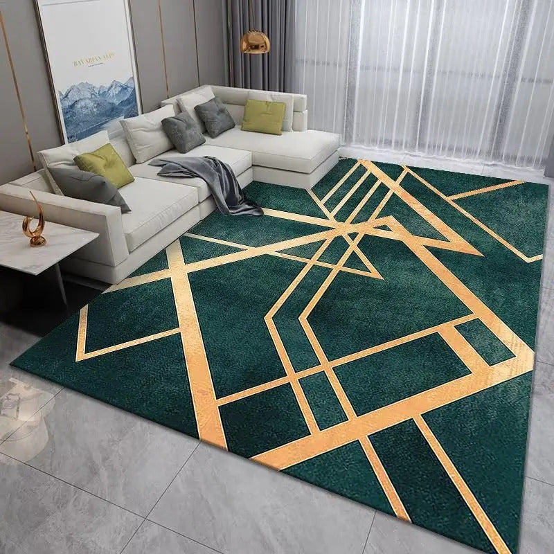 Luxury Modern Geometric Living Room Carpets Home Decoration Golden Green Rugs for Bedroom Washable Fluffy Large Area Mat Bedside