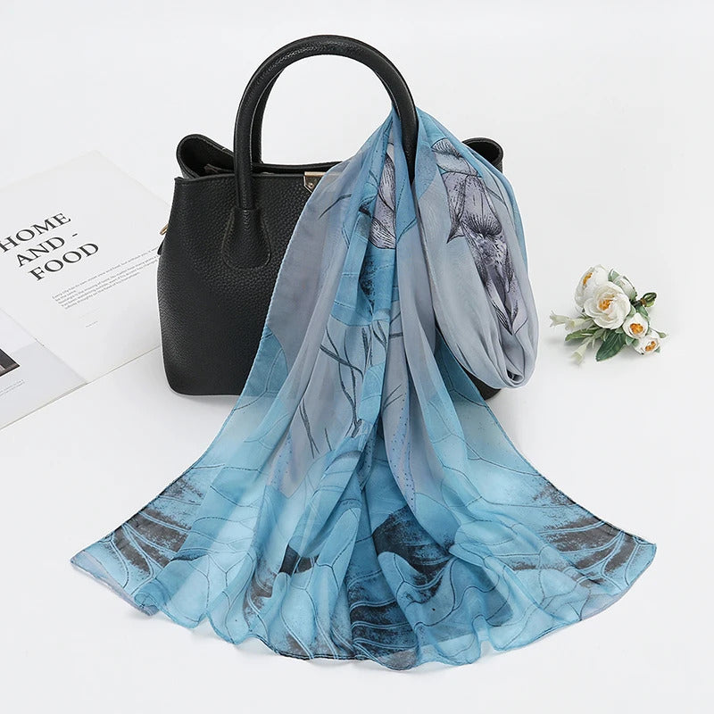 Lotus Print Chiffon Scarf Fashionable Lightweight Neck Scarf For Women Summer Neck Sun Protection Silk Scarf Shawl 150*50cm