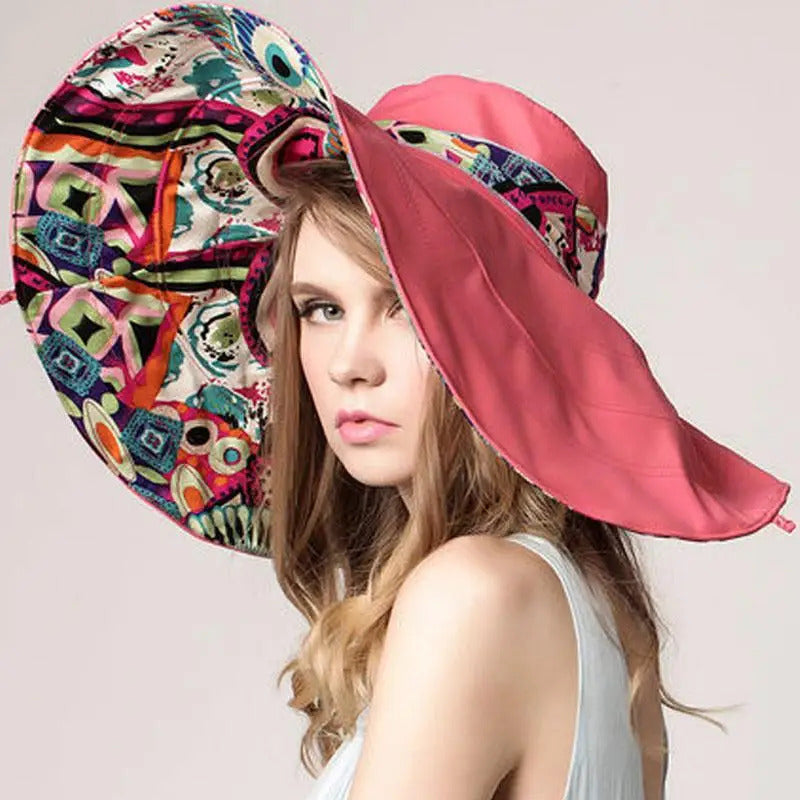 Sun Hats for Women Summer Large Beach Hat Flower Printed Wide Brim Bob Chapeu Panama Feminino
