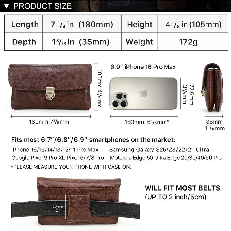 Genuine Leather Waist Bag for Men Casual Flip Cover Phone Holster Case with Belt Clip Mobile Phone Pouch for iPhone 16 Samsung