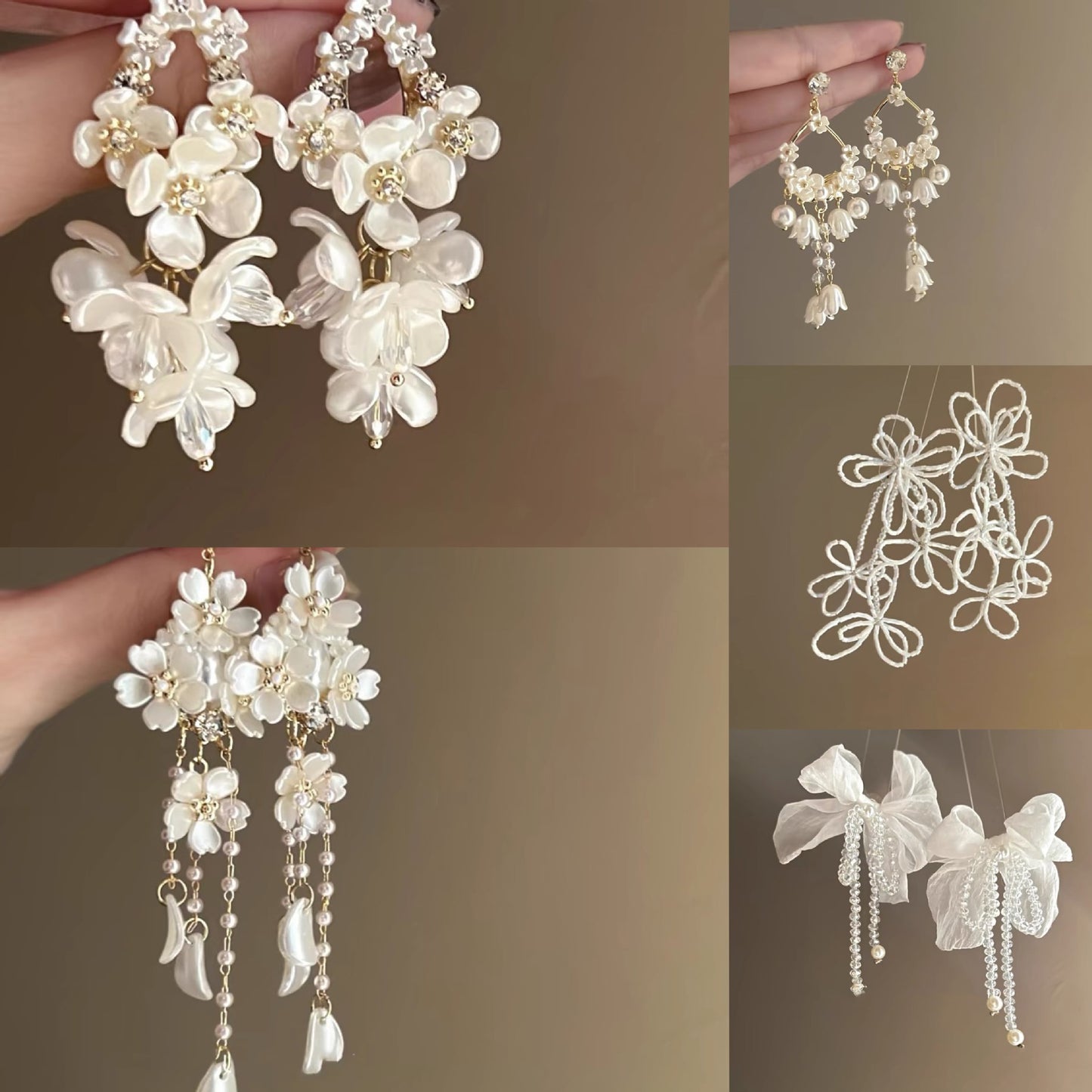 Silver Needle Inlaid with Diamonds and Pearls Flower Tassel Earrings Niche Style Atmosphere Earrings Fashionable Light Luxury High-end Earrings