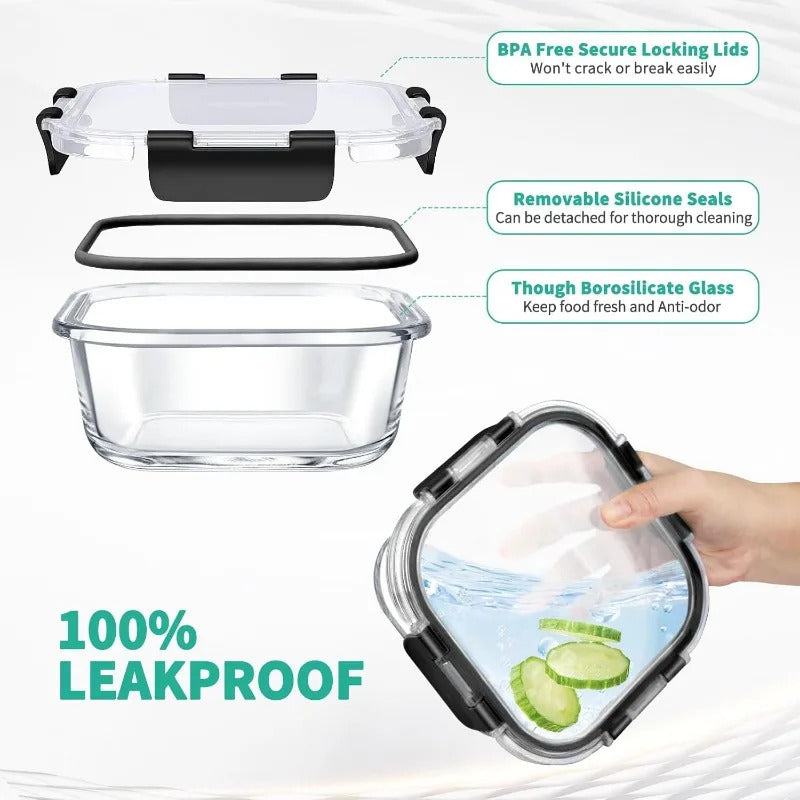 34pcs Glass Food Storage Containers with Lids Set, Airtight Glass Meal Prep Containers (17 Containers & 17 Lids), Leak Proof