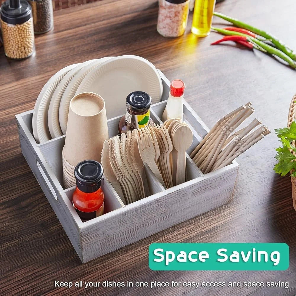 Rustic Utensil Holder Parties Kitchen Paper Plate Organizer Caddy with 6 Compartments Cups Forks Spoons and Napkins Storage