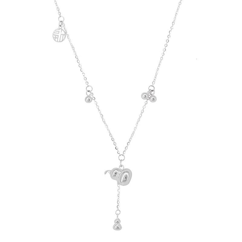 New Chinese Style S925 Sterling Silver Gourd Pendant Necklace for Women, Niche Design with High-end Tassel Collarbone Chain, New Fashion Accessory