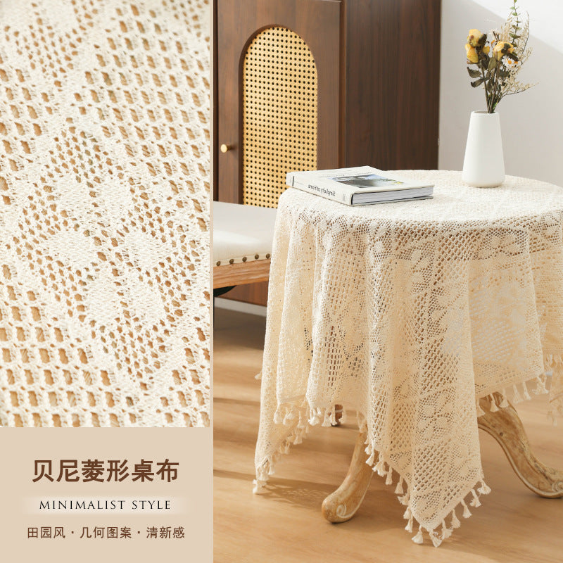 American Pastoral Cotton Woven Tablecloth Lace Hollow Crochet Tassel Dining Tablecloth French Cover Cloth Vintage Ins Tablecloth