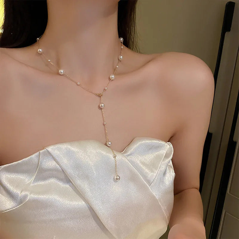 New Simple Long Imitation Pearls Back Necklace for Women Sexy Tassel Pearl Harness Bikini Chest Chain Body Jewelry Mujer