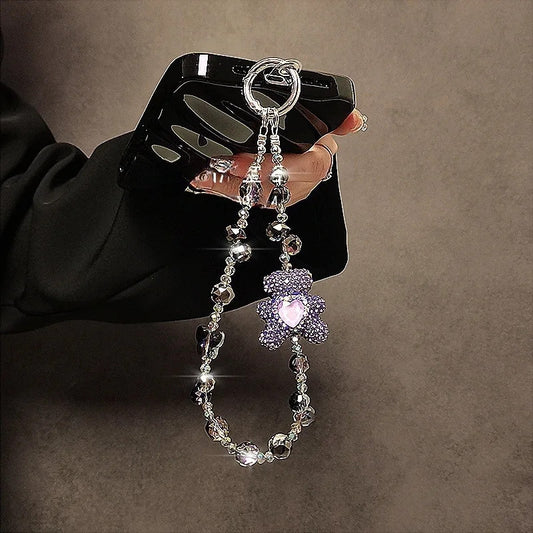 Luxury high-end full-diamond cartoon bear mobile phone lanyard beaded crystal mobile phone chain portable hanging chain bag key