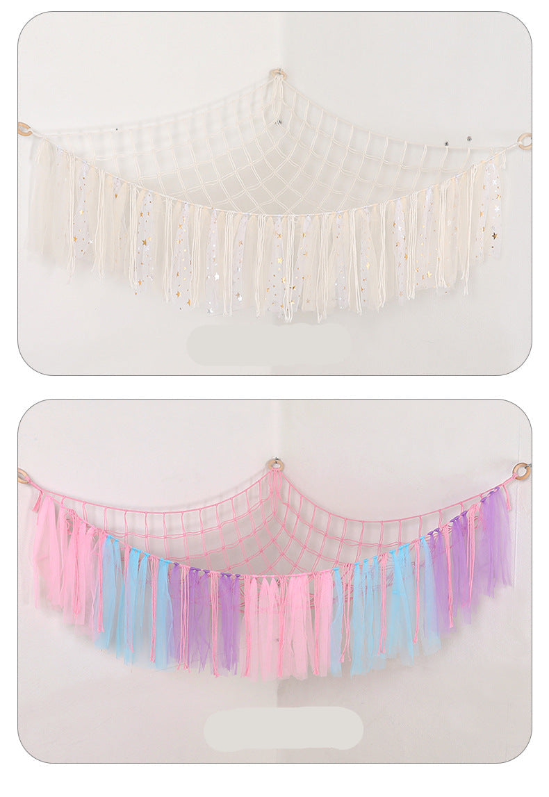 Cross-Border Ribbon Cotton String Doll Net Bag Hand-Woven Ribbon Triangle Net Bag Storage Net Bag Cotton String Wall Hanging Hammock