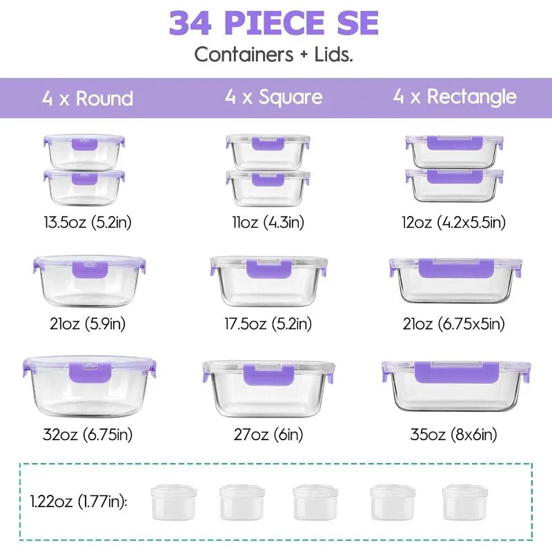 34pcs Glass Food Storage Containers with Lids Set, Airtight Glass Meal Prep Containers (17 Containers & 17 Lids), Leak Proof